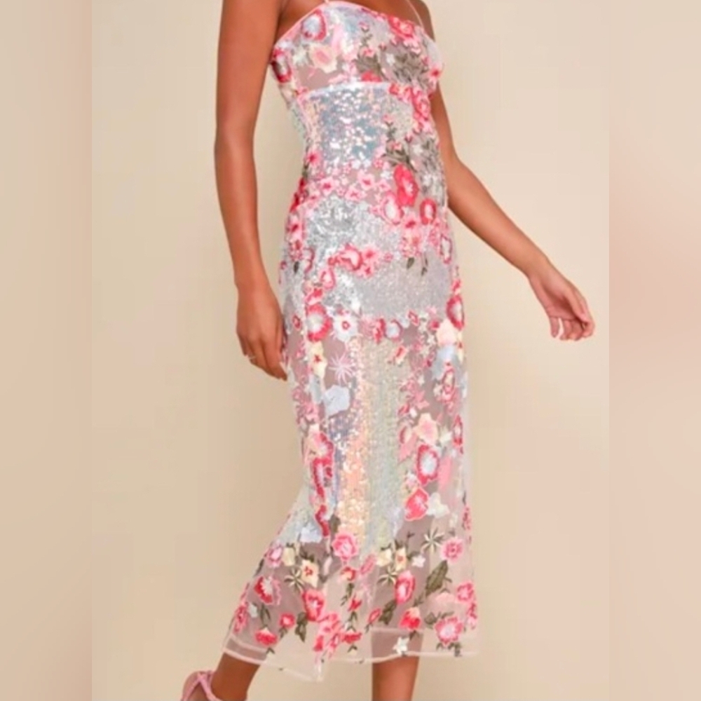 RARE Sheer Spaghetti Strap Floral Sequin Midi Dress in Pink